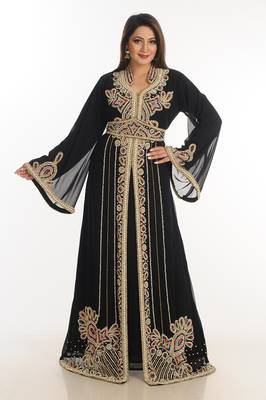 Black Zari Work Georgette Islamic Style Party Wear Stones And Beads Embedded Arabian Kaftan 1