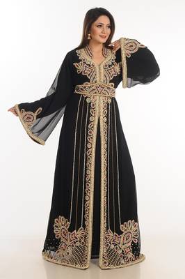Black Zari Work Georgette Islamic Style Party Wear Stones And Beads Embedded Arabian Kaftan 2