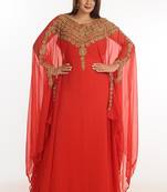 Maroon Zari Work Georgette Islamic Style Party Wear Stones And Beads Embedded Arabian Kaftan