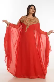 Maroon Zari Work Georgette Islamic Style Party Wear Stones And Beads Embedded Arabian Kaftan
