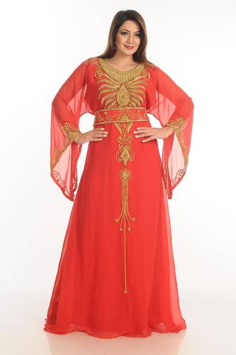 Red Zari Work Georgette Islamic Style Party Wear Stones And Beads Embedded Arabian Kaftan