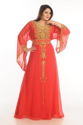 Red Zari Work Georgette Islamic Style Party Wear Stones And Beads Embedded Arabian Kaftan 2