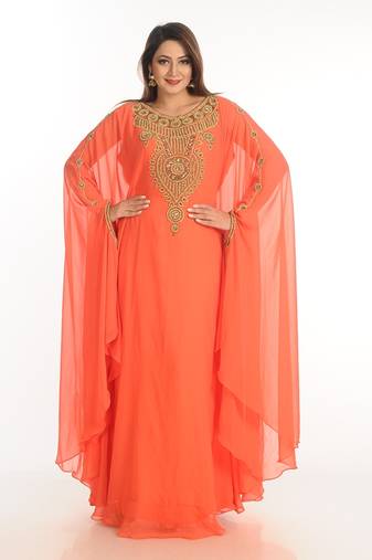 Red Zari Work Georgette Islamic Style Party Wear Stones And Beads Embedded Arabian Kaftan