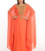 Red Zari Work Georgette Islamic Style Party Wear Stones And Beads Embedded Arabian Kaftan