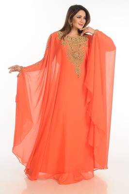 Red Zari Work Georgette Islamic Style Party Wear Stones And Beads Embedded Arabian Kaftan 2