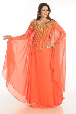 Red Zari Work Georgette Islamic Style Party Wear Stones And Beads Embedded Arabian Kaftan 1