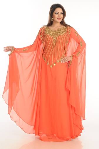 Red Zari Work Georgette Islamic Style Party Wear Stones And Beads Embedded Arabian Kaftan