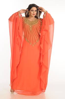 Red Zari Work Georgette Islamic Style Party Wear Stones And Beads Embedded Arabian Kaftan 2