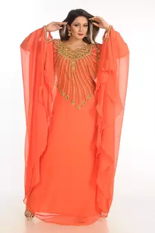 Red Zari Work Georgette Islamic Style Party Wear Stones And Beads Embedded Arabian Kaftan