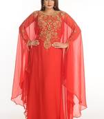 Red Zari Work Georgette Islamic Style Party Wear Stones And Beads Embedded Arabian Kaftan