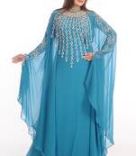 Turqoise Zari Work Georgette Islamic Style Party Wear Stones And Beads Embedded Arabian Kaftan