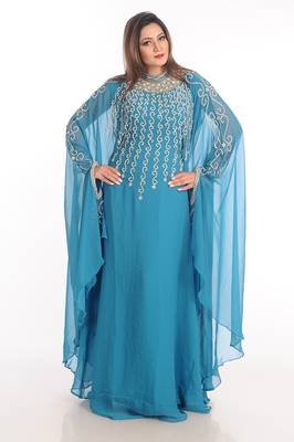 Turqoise Zari Work Georgette Islamic Style Party Wear Stones And Beads Embedded Arabian Kaftan 2