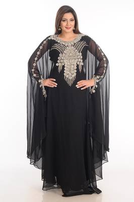 Black Zari Work Georgette Islamic Style Party Wear Stones And Beads Embedded Arabian Kaftan 1