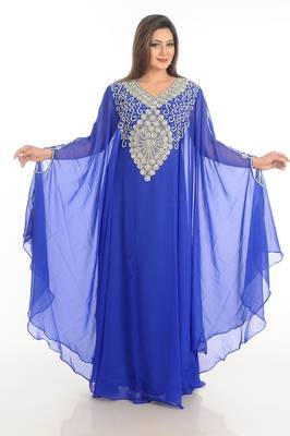 Blue Zari Work Georgette Islamic Style Party Wear Stones And Beads Embedded Arabian Kaftan 1