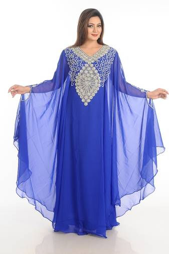 Blue Zari Work Georgette Islamic Style Party Wear Stones And Beads Embedded Arabian Kaftan