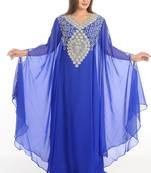 Blue Zari Work Georgette Islamic Style Party Wear Stones And Beads Embedded Arabian Kaftan