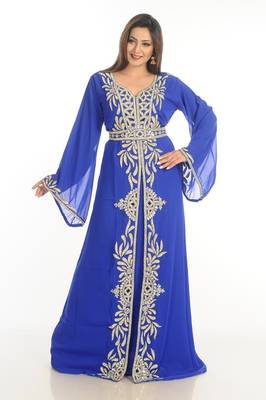 Blue Zari Work Georgette Islamic Style Party Wear Stones And Beads Embedded Arabian Kaftan 1