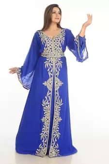 Blue Zari Work Georgette Islamic Style Party Wear Stones And Beads Embedded Arabian Kaftan