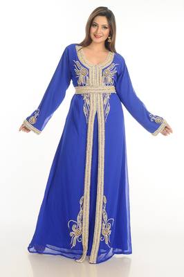 Blue Zari Work Georgette Islamic Style Party Wear Stones And Beads Embedded Arabian Kaftan 2