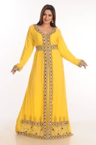 Yellow Zari Work Georgette Islamic Style Party Wear Stones And Beads Embedded Arabian Kaftan