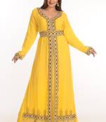 Yellow Zari Work Georgette Islamic Style Party Wear Stones And Beads Embedded Arabian Kaftan