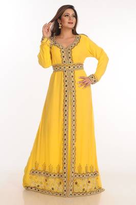 Yellow Zari Work Georgette Islamic Style Party Wear Stones And Beads Embedded Arabian Kaftan 2