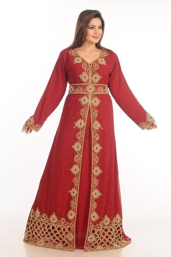 Maroon Zari Work Georgette Islamic Style Party Wear Stones And Beads Embedded Arabian Kaftan