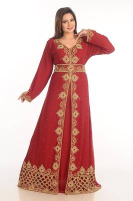 Maroon Zari Work Georgette Islamic Style Party Wear Stones And Beads Embedded Arabian Kaftan 2