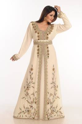 Cream Zari Work Georgette Islamic Style Party Wear Stones And Beads Embedded Arabian Kaftan 2