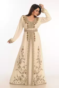 Cream Zari Work Georgette Islamic Style Party Wear Stones And Beads Embedded Arabian Kaftan
