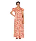 Orange and Beige colour Floral Design Printed High Collar neck cotton nighty for Ladies Full Length Night Gown