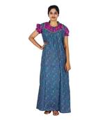 Blue and Purple colour Floral Design Printed High Collar neck cotton nighty for Ladies Full Length Night Gown