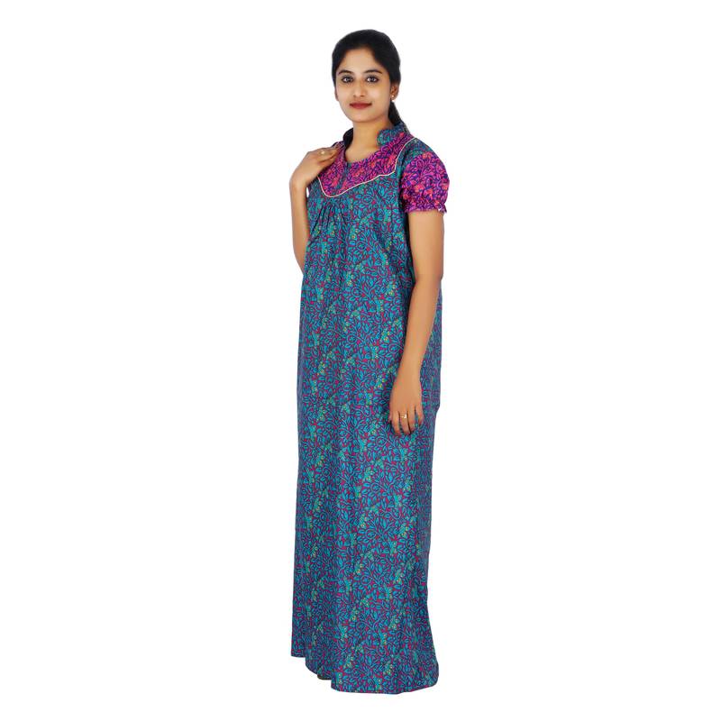 Blue and Purple colour Floral Design Printed High Collar neck cotton nighty for Ladies Full Length Night Gown