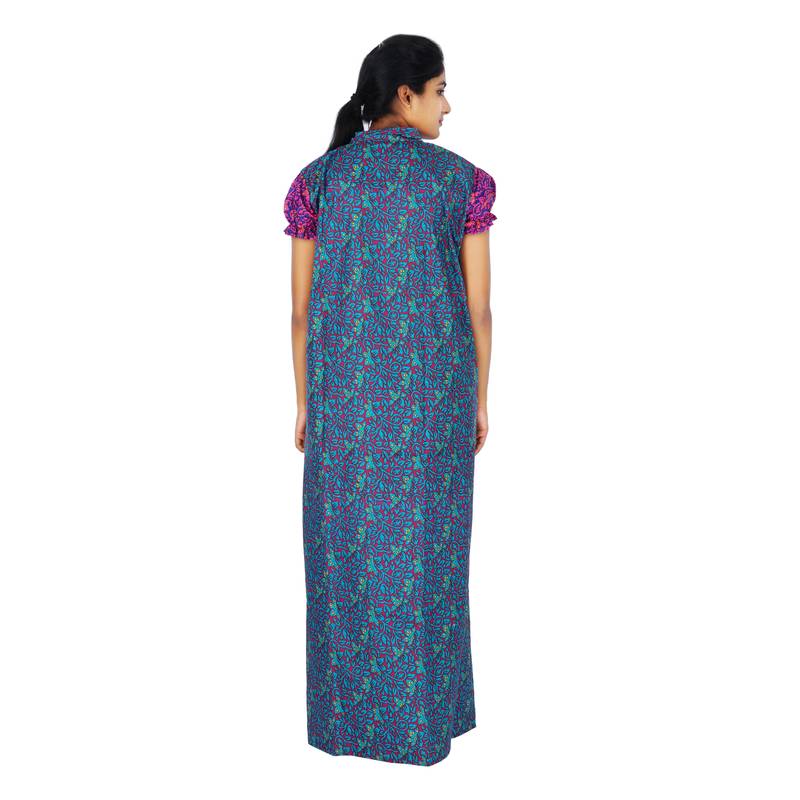 Blue and Purple colour Floral Design Printed High Collar neck cotton nighty for Ladies Full Length Night Gown