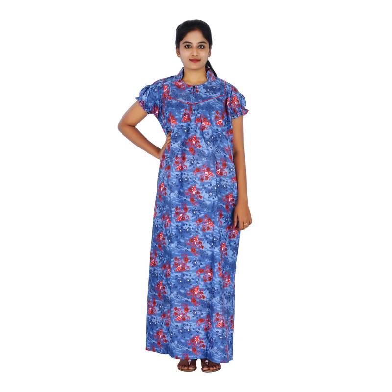 Blue and Red colour Floral Design Printed High Collar neck cotton nighty for Ladies Full Length Night Gown
