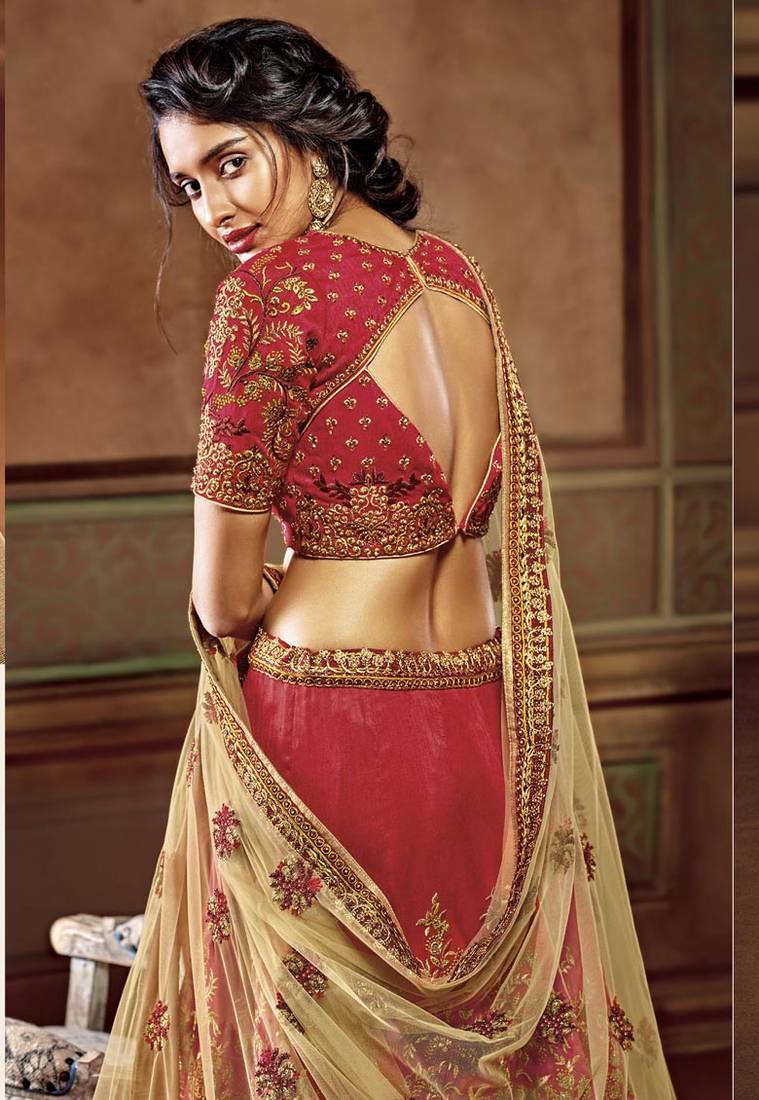 Red two tone silk heavy embroidery bridal lehenga with dupatta