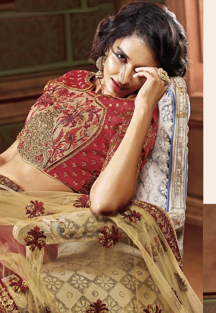 Red two tone silk heavy embroidery bridal lehenga with dupatta