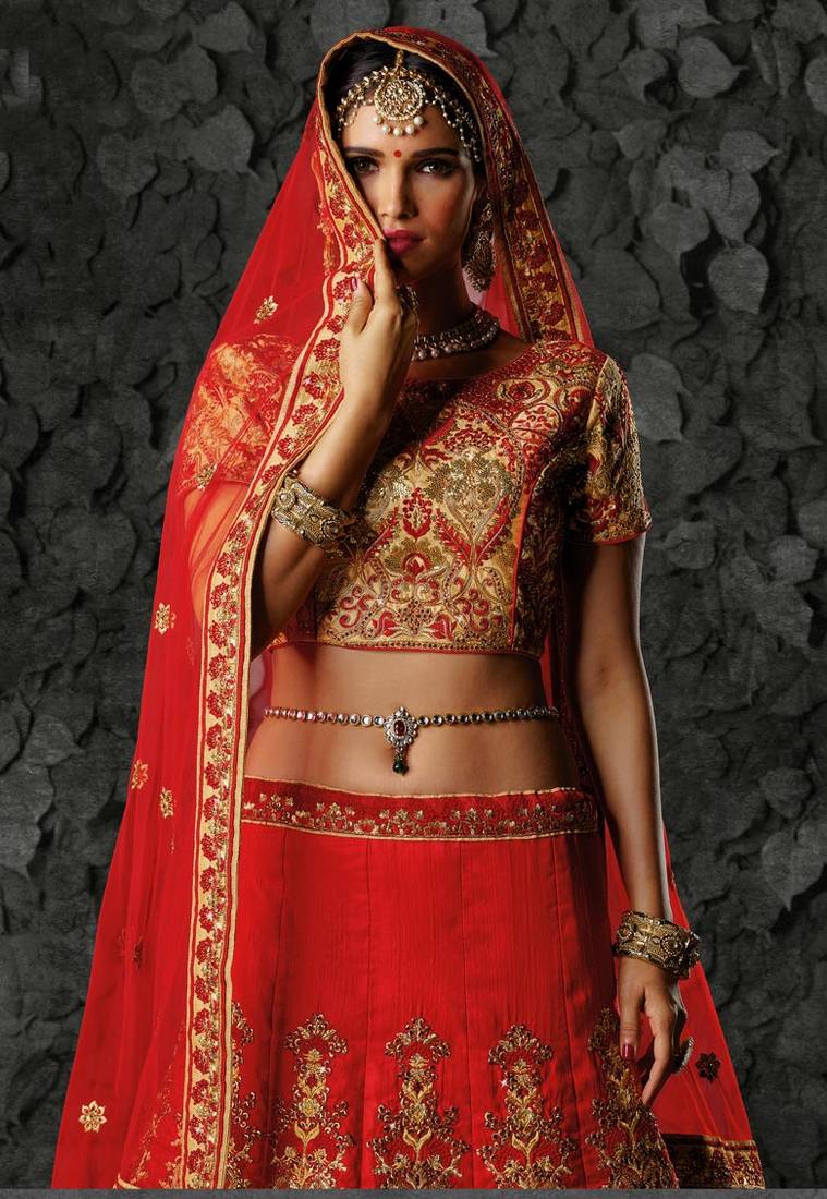 Red silk heavy embroidery bridal lehenga with dupatta