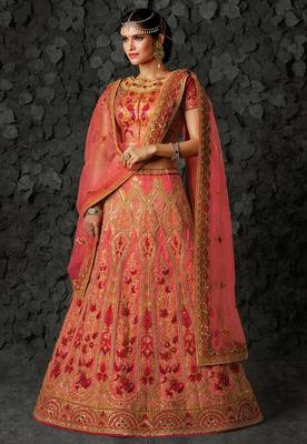 Pink silk heavy embroidery bridal lehenga with dupatta 1