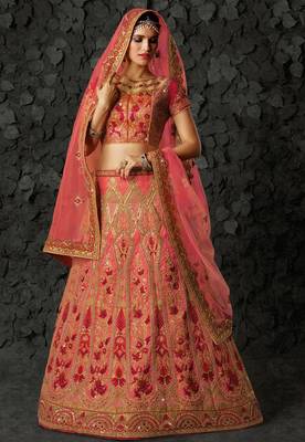 Pink silk heavy embroidery bridal lehenga with dupatta 2