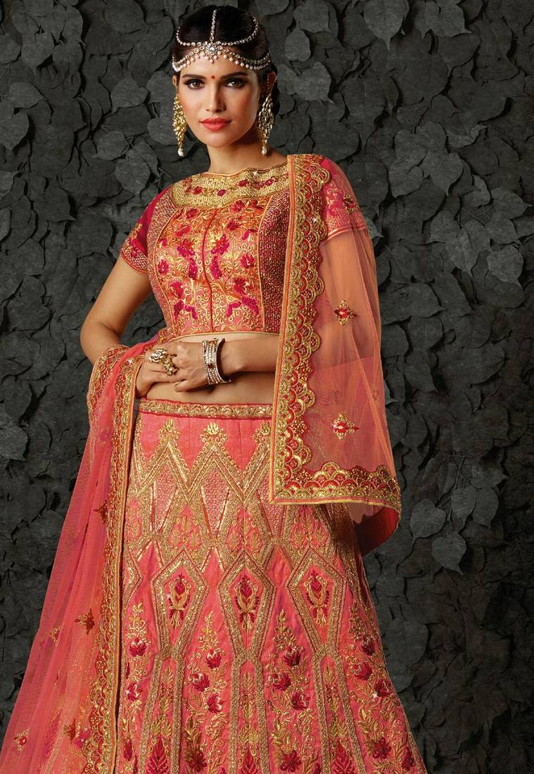 Pink silk heavy embroidery bridal lehenga with dupatta