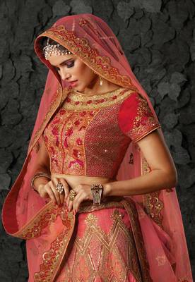 Pink silk heavy embroidery bridal lehenga with dupatta 4