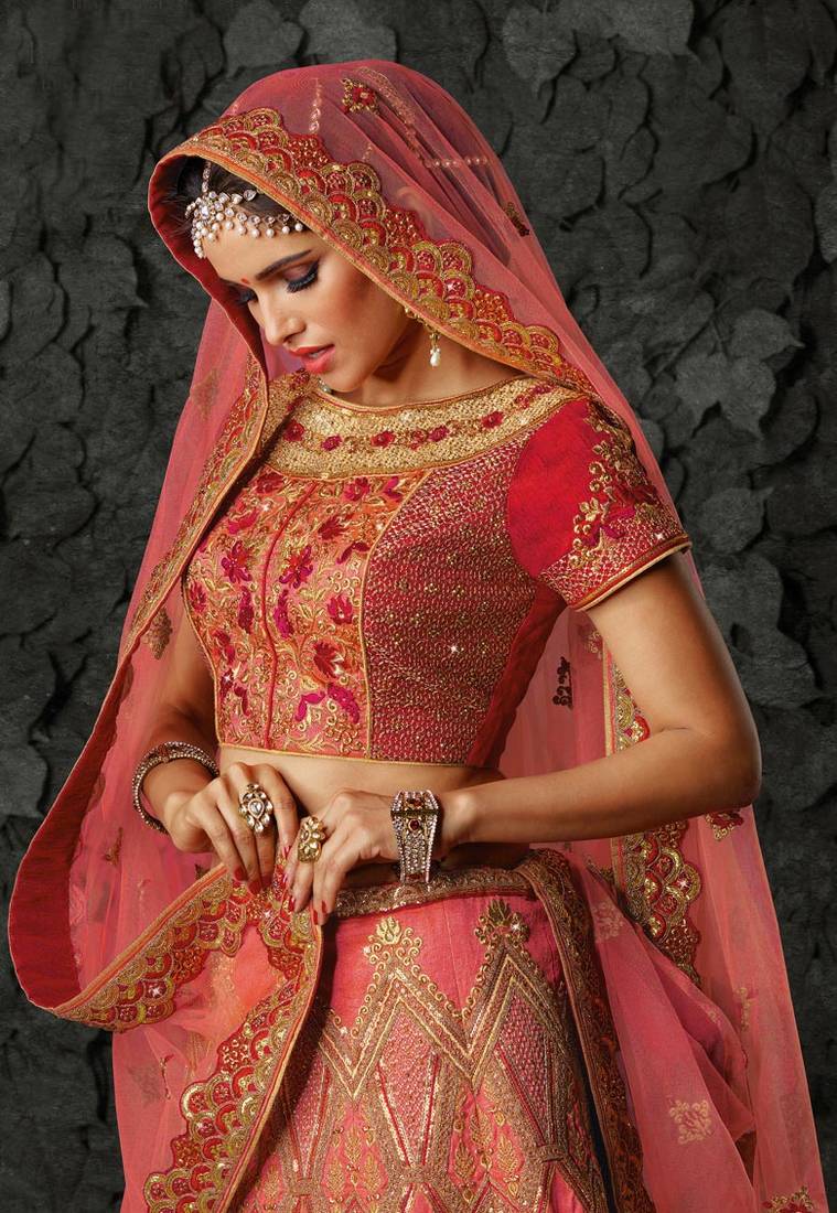 Pink silk heavy embroidery bridal lehenga with dupatta