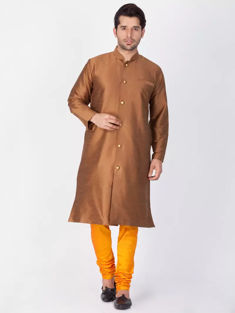 Men Brown Silk Blend Sherwani Style Kurta Set