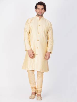 Men Gold Silk Blend Sherwani Style Kurta Set 1
