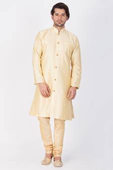 Men Gold Silk Blend Sherwani Style Kurta Set