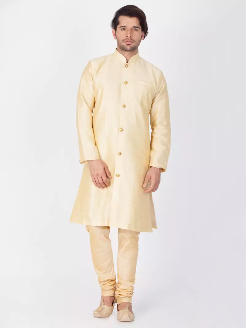Men Gold Silk Blend Sherwani Style Kurta Set