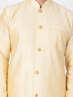 Men Gold Silk Blend Sherwani Style Kurta Set 2