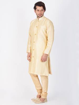 Men Gold Silk Blend Sherwani Style Kurta Set 3