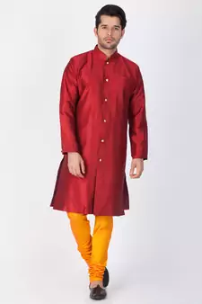 Men Maroon Silk Blend Sherwani Style Kurta Set